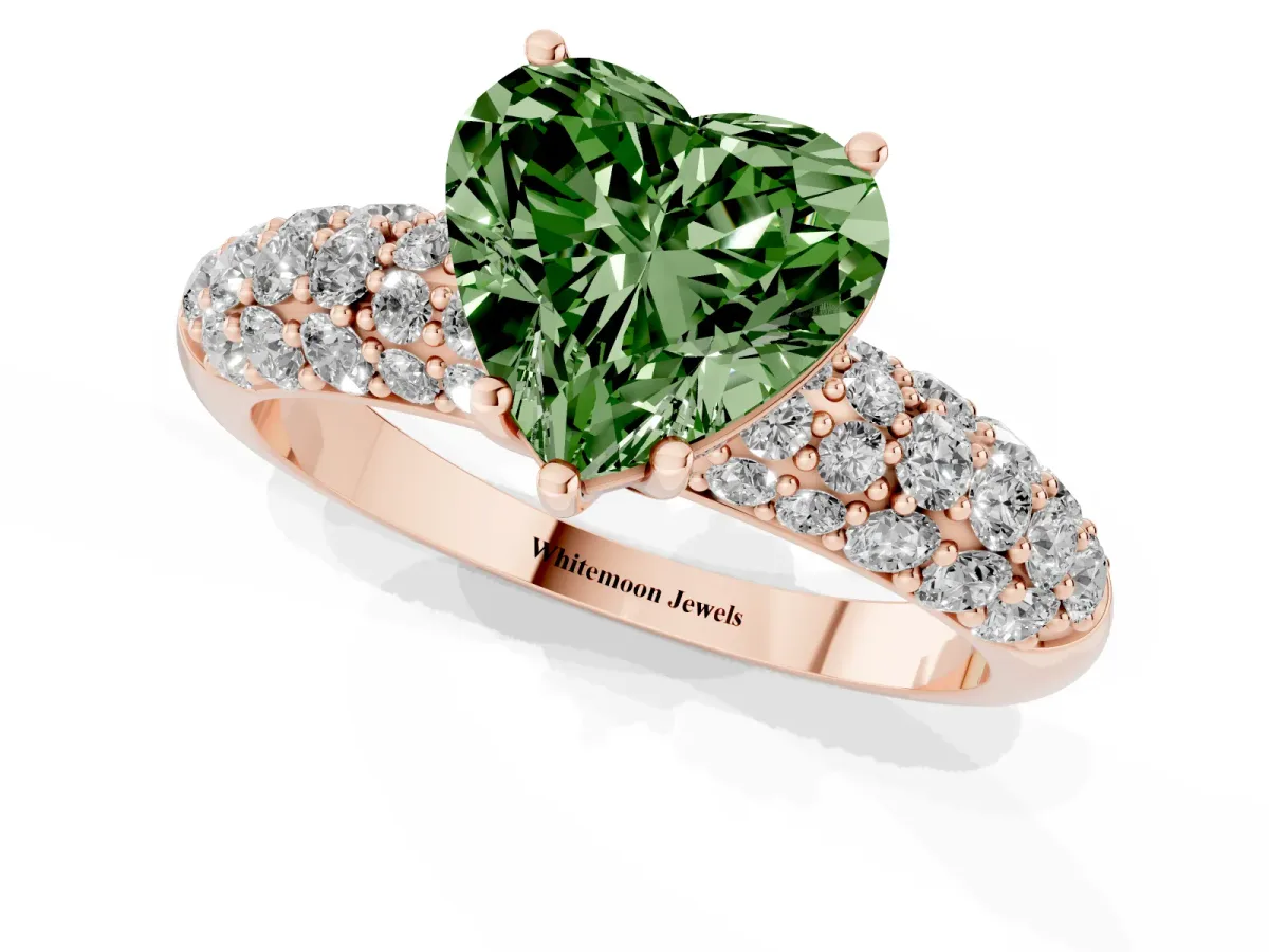 Fancy Green Heart Cut Diamond Pavé Band Solitaire Ring with Four-Prong Setting Rose gold