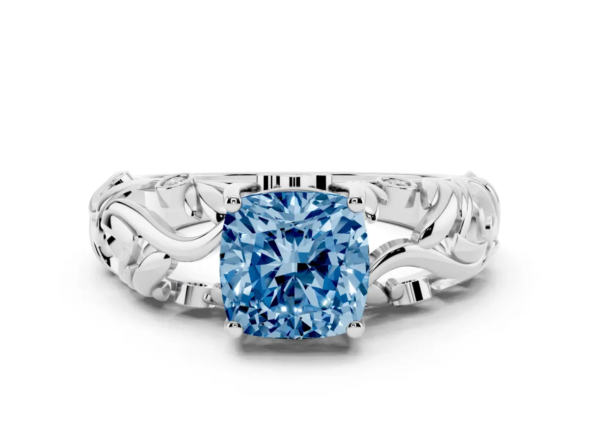 Fancy Blue Cushion Cut Solitaire Diamond Leaf-Inspired Vine Band Ring with Prong Setting Silver