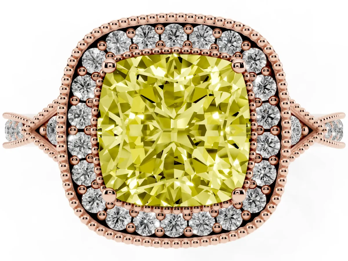 Fancy Yellow Cushion Cut Halo Round Diamond Milgrain Pave Engagement Ring Rose gold