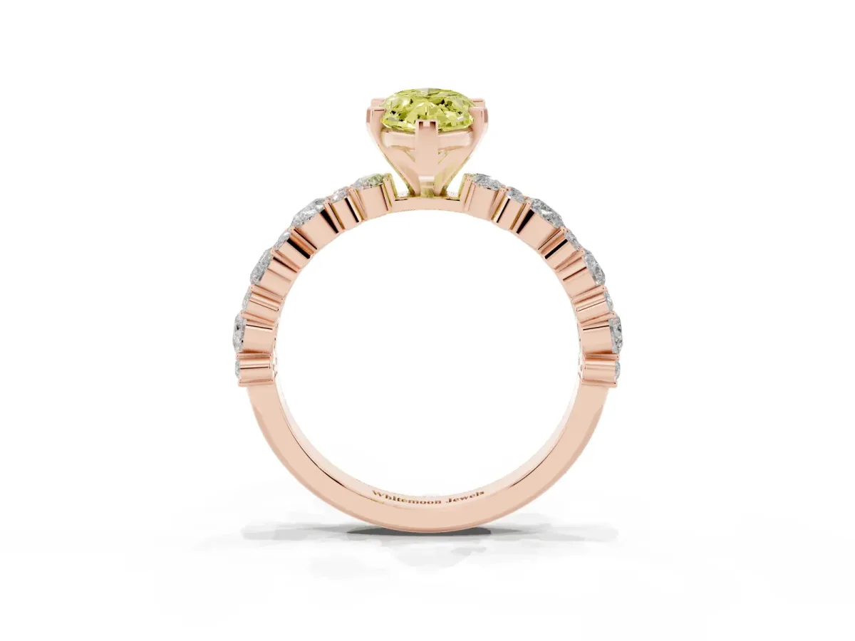Fancy Yellow Marquise Cut Diamond Side Stone Solitaire Ring with Round and Four-Prong Setting Rose gold