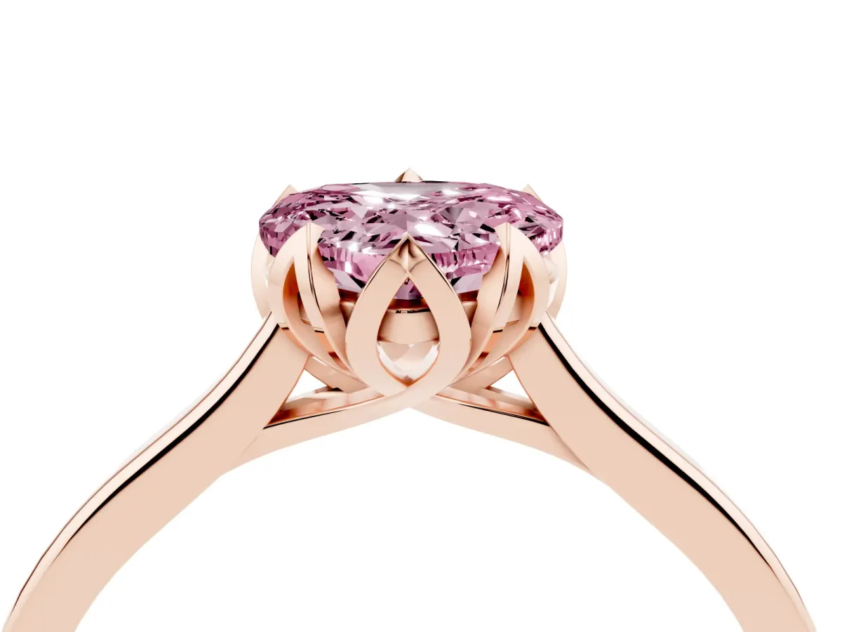 Fancy Pink Heart Cut Diamond Solitaire Ring with Flower Prong Setting and Classic Band Rose gold