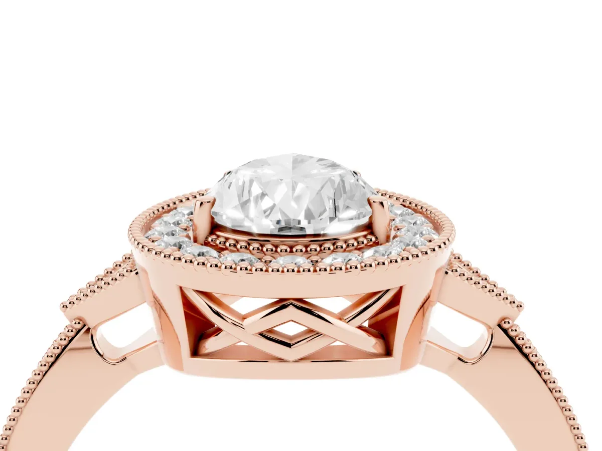 Pear Cut Halo Round Diamond Milgrain Pave Engagement Ring Rose gold