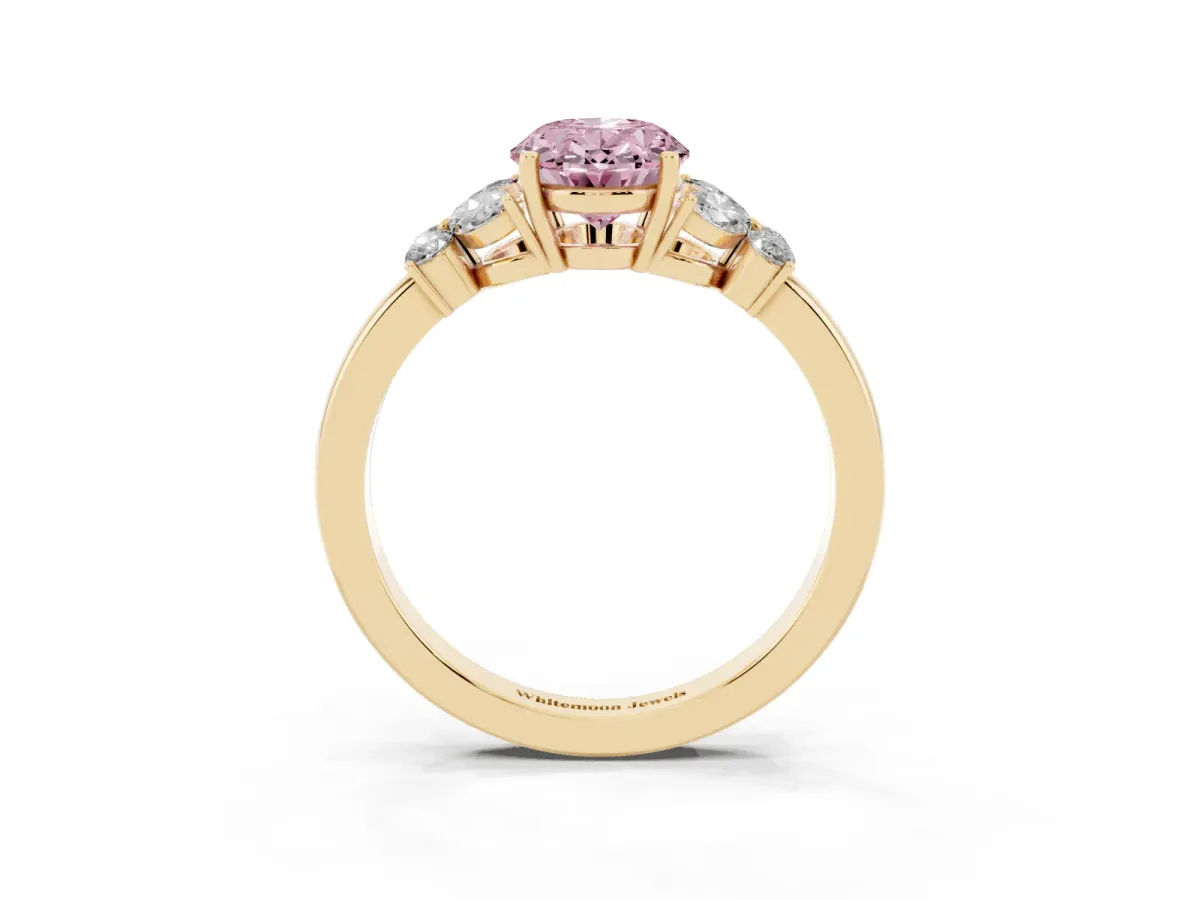 Fancy Pink Oval Cut Cut Solitaire Floral Diamond Ring with Four-Prong Setting Yellow gold