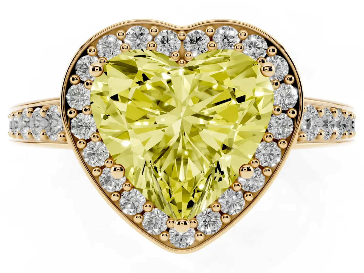 Fancy Yellow Heart Cut Halo Pavé Diamond Engagement Ring with Bezel Setting Yellow gold