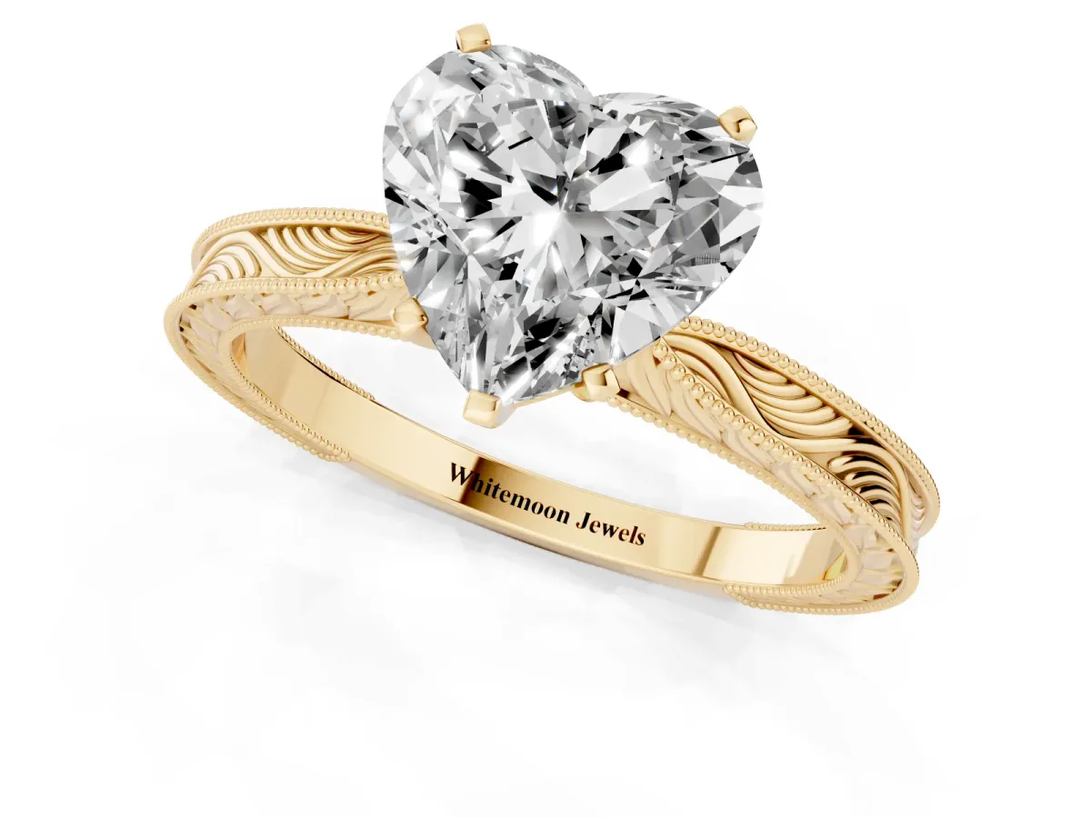 Heart Cut Solitaire Milgrain Engraved Band with Four-Prong Setting Yellow gold