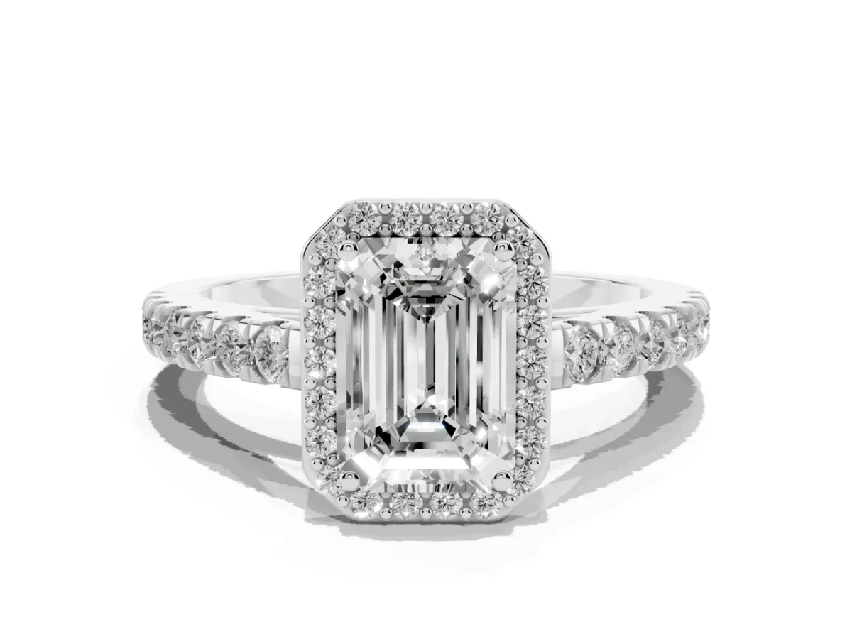 Emerald Cut Cut Halo Diamond Engagement Ring with Pave Band and Four-Prong Setting White gold