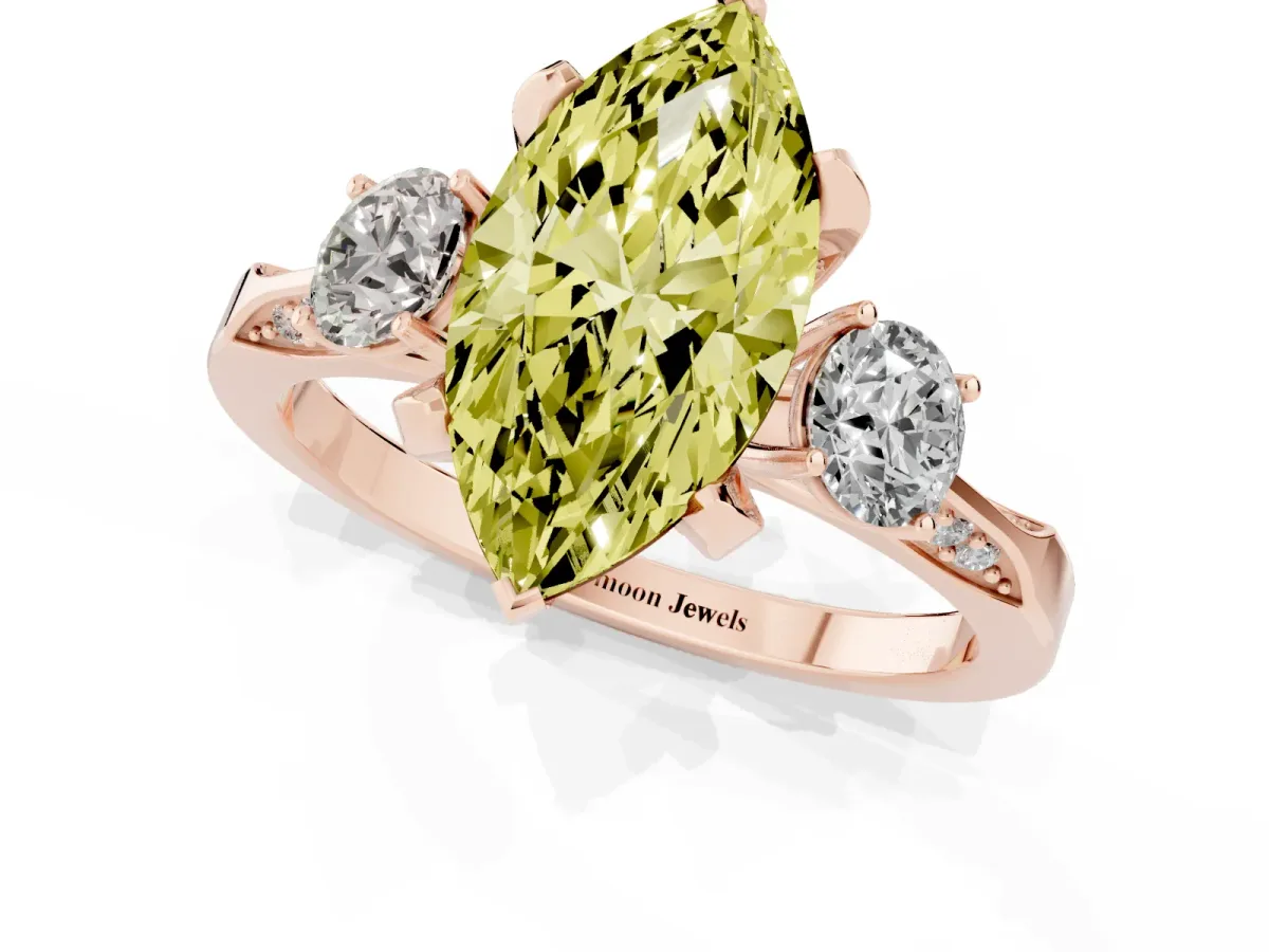 Fancy Yellow Marquise Cut Brilliant Three-Stone Diamond Ring with Pavé Band and Four-Prong Setting Rose gold