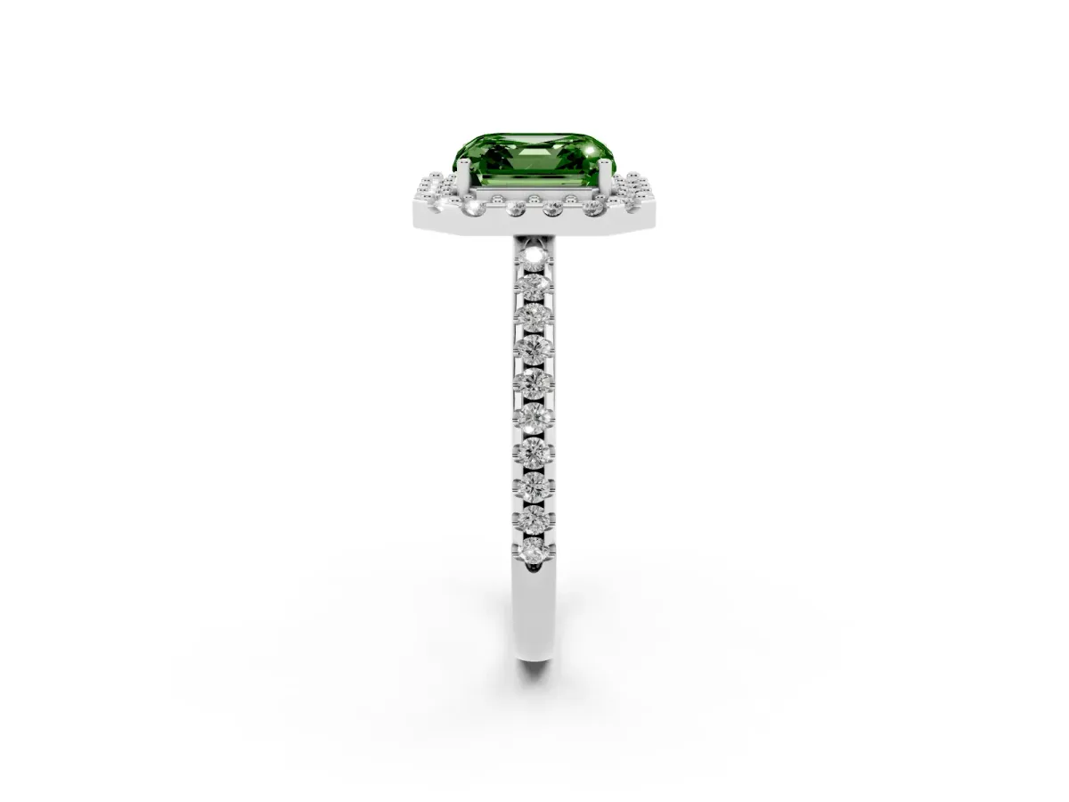Fancy Green Asscher Cut Diamond Pavé Halo Ring with Four-Prong Setting Silver