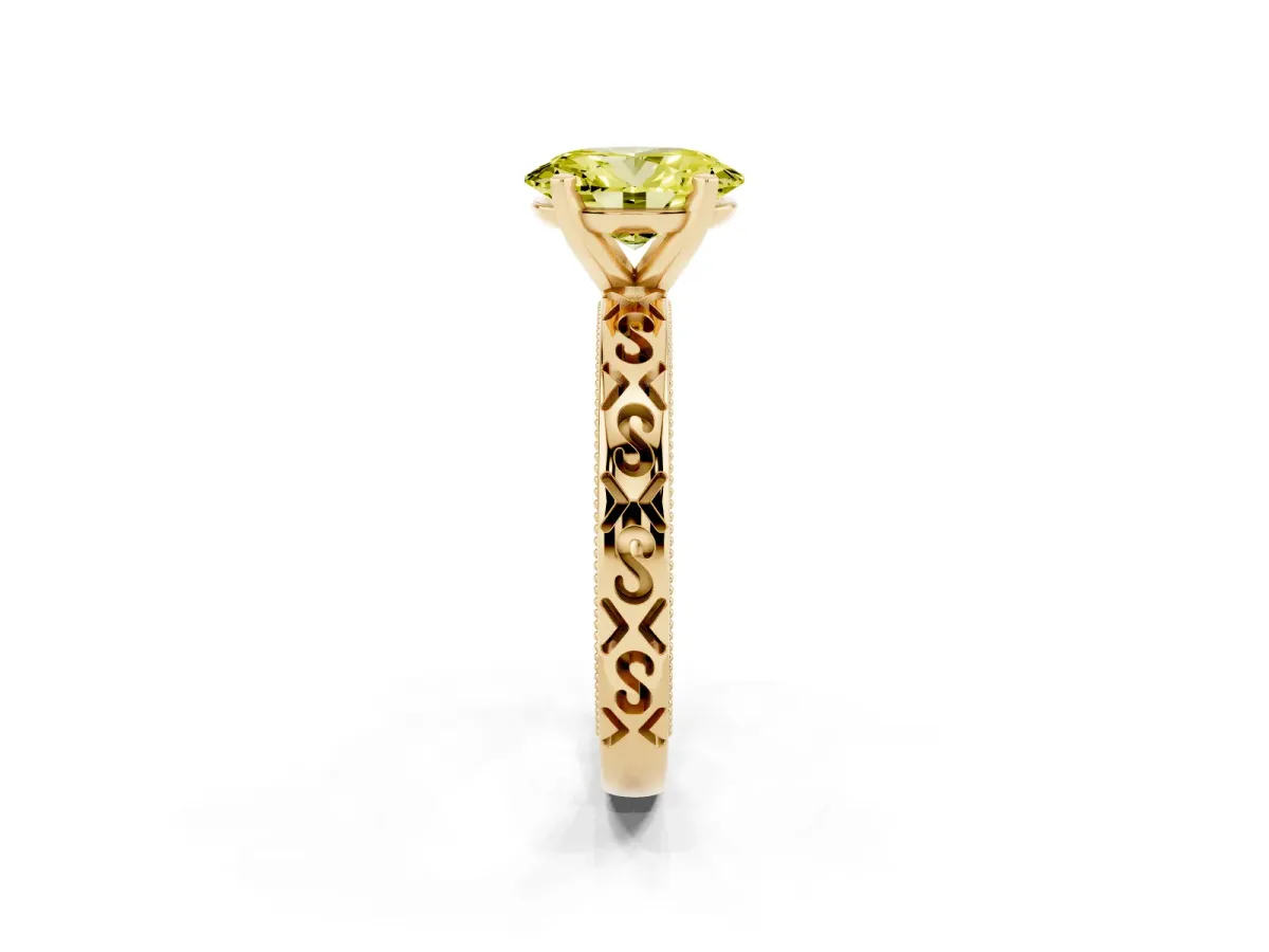 Fancy Yellow Oval Cut Solitaire Engagement Ring with Scrollwork Band and Four-Prong Setting Yellow gold