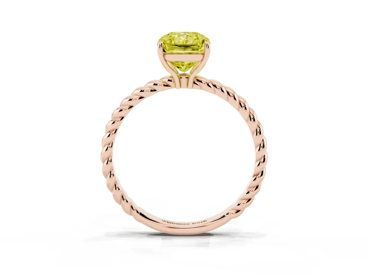 Fancy Yellow Radiant Cut Solitaire Twist Band Ring with Four-Prong Setting Rose gold