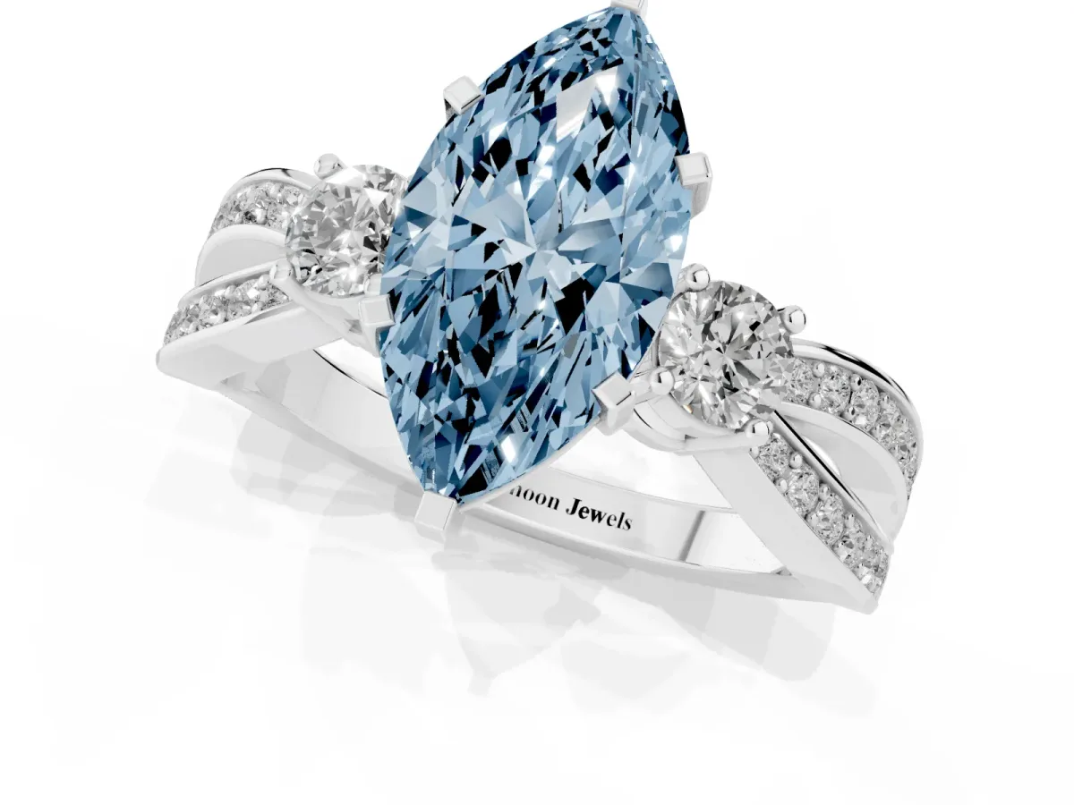 Fancy Blue Three-Stone Marquise Cut Cut Diamond Twist Band with Prong Setting Silver