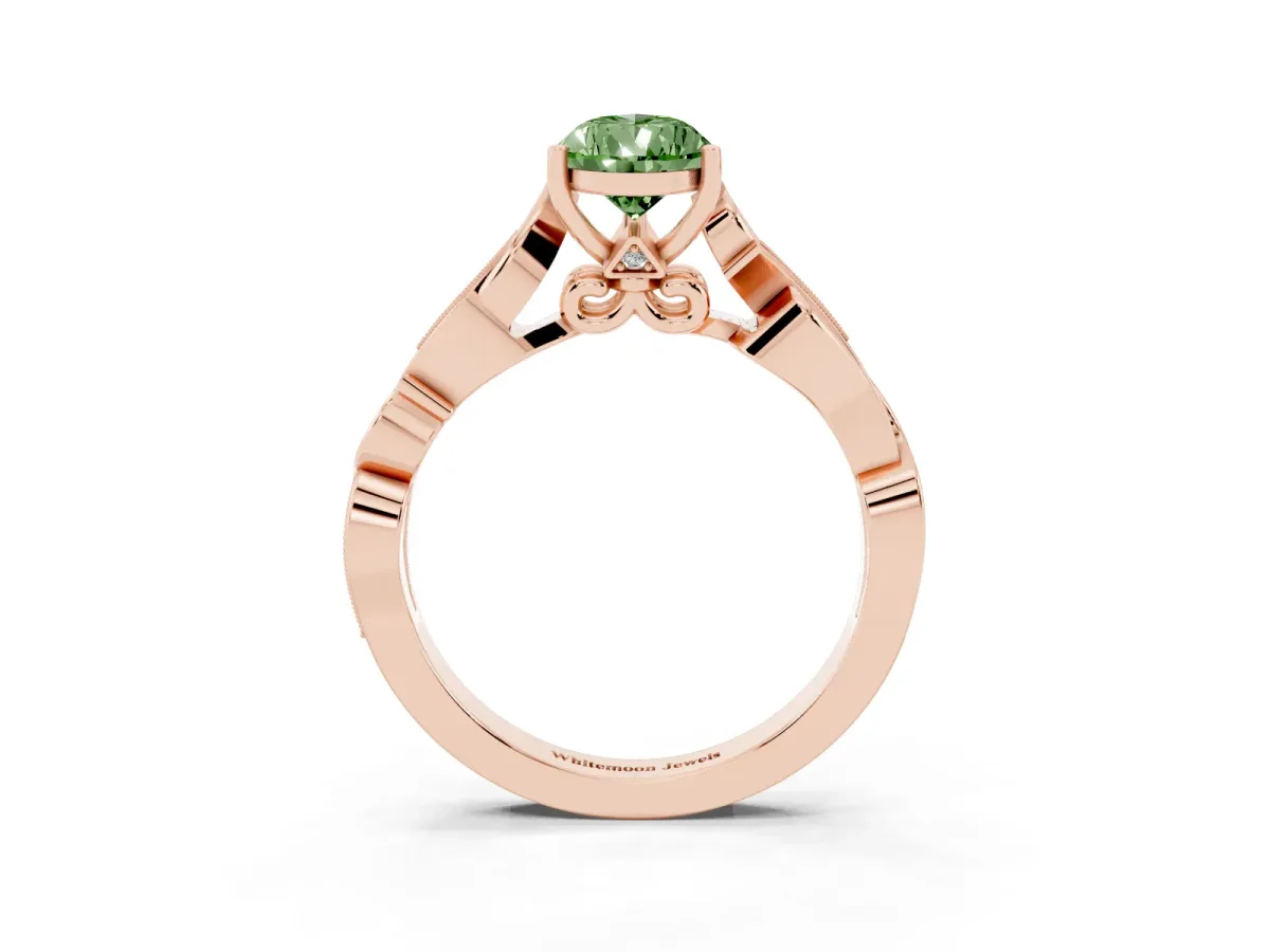 Fancy Green Pear Cut Solitaire Vine Band with Milgrain Prong Setting Rose gold