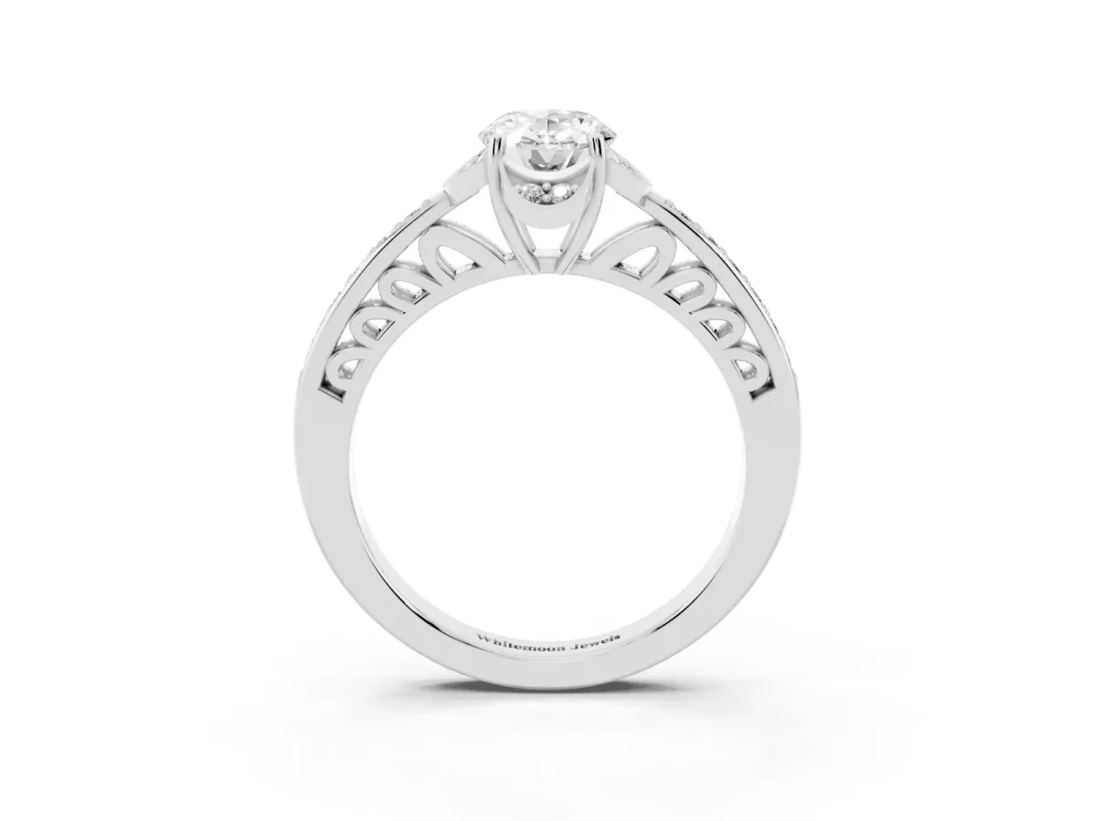 Oval Cut Cut Halo Diamond Ring with Channel Set Band and Four-Prong Setting White gold