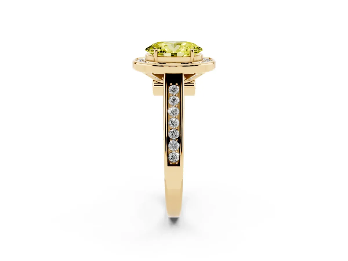 Fancy Yellow Oval Cut Halo Solitaire Diamond Ring with Pave Band and Bezel Setting Yellow gold