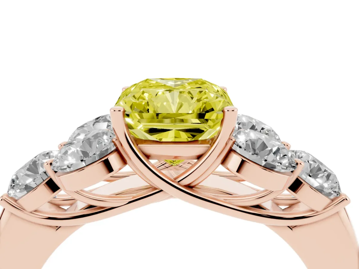 Fancy Yellow Radiant Cut Cut Diamond Cluster Ring with Round Accent Stones and Prong Setting on a Classic Band Rose gold