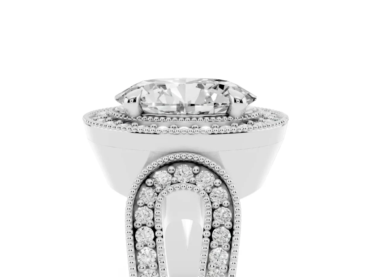 Oval Cut Halo Split Shank Milgrain Diamond Ring White gold