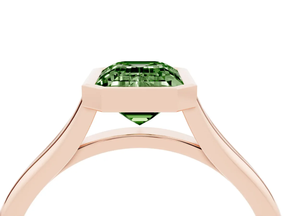 Fancy Green Bezel Set Emerald Cut Cut Solitaire Ring with Tapered Band Rose gold