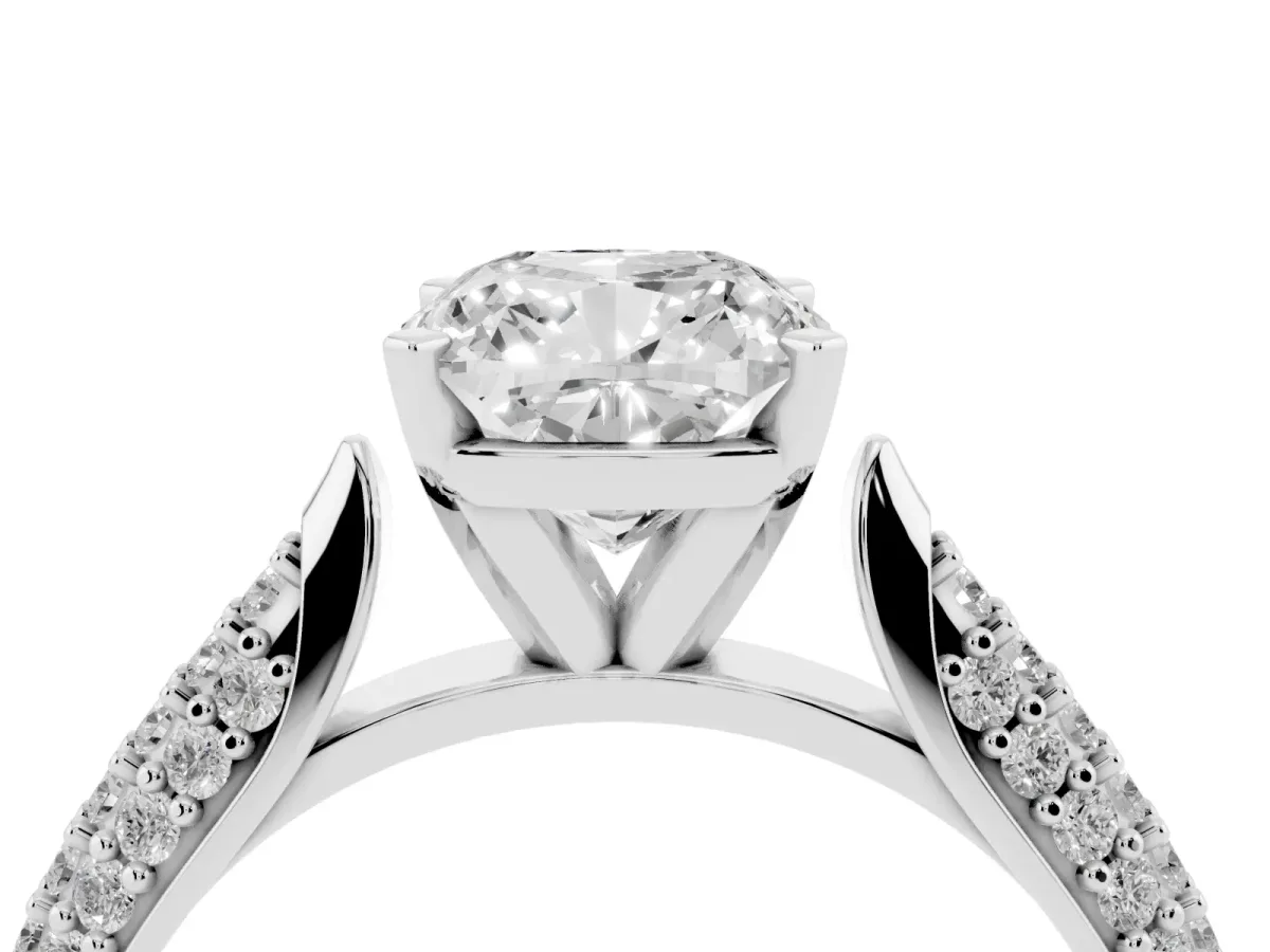 Cushion Cut Diamond Solitaire Engagement Ring with Multi-Row Round Pavé Band and Prong Setting Silver