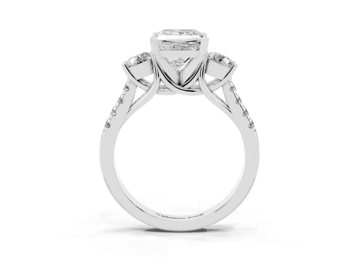 Three-Stone Princess Cut Diamond Pavé Band with Four-Prong Setting Silver