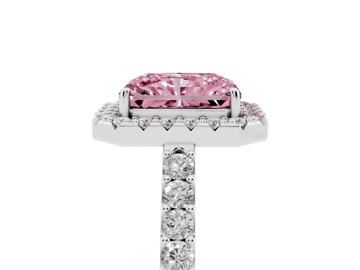 Fancy Pink Radiant Cut Halo Diamond Pavé Solitaire Ring Platinum