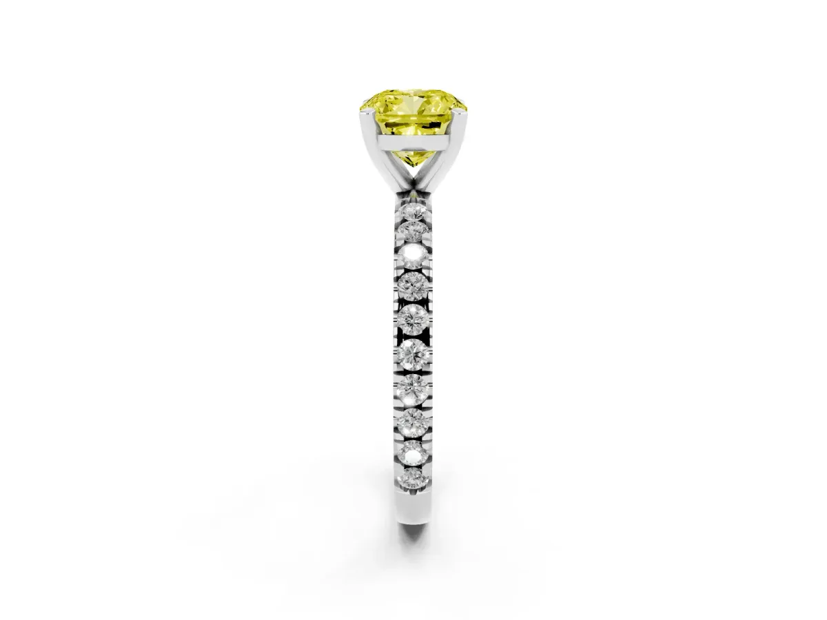 Fancy Yellow Cushion Cut Diamond Pavé Band Solitaire with Four-Prong Setting Silver