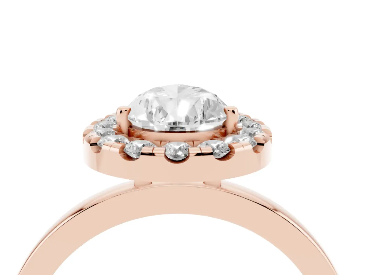 Pear Cut Halo Diamond Solitaire with Pavé Band and Four-Prong Setting Rose gold