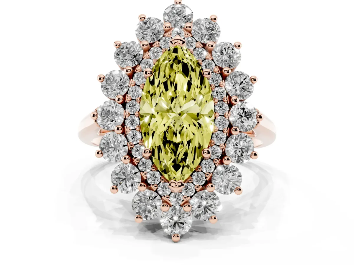 Fancy Yellow Marquise Cut Diamond Floral Double Halo Engagement Ring with Prong Setting Rose gold