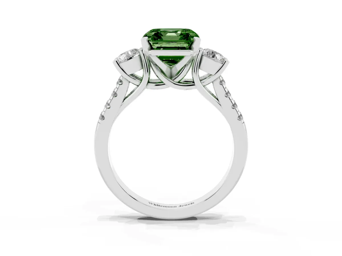 Fancy Green Three-Stone Asscher Cut Diamond Pavé Band with Four-Prong Setting Silver