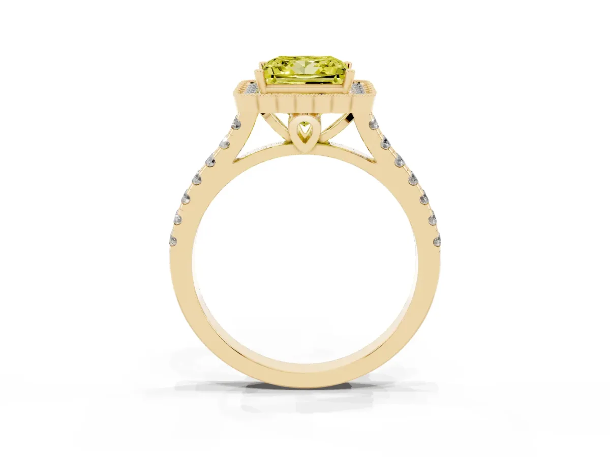 Fancy Yellow Princess Cut Cut Diamond Milgrain Floral Halo Engagement Ring with Pavé Band Yellow gold