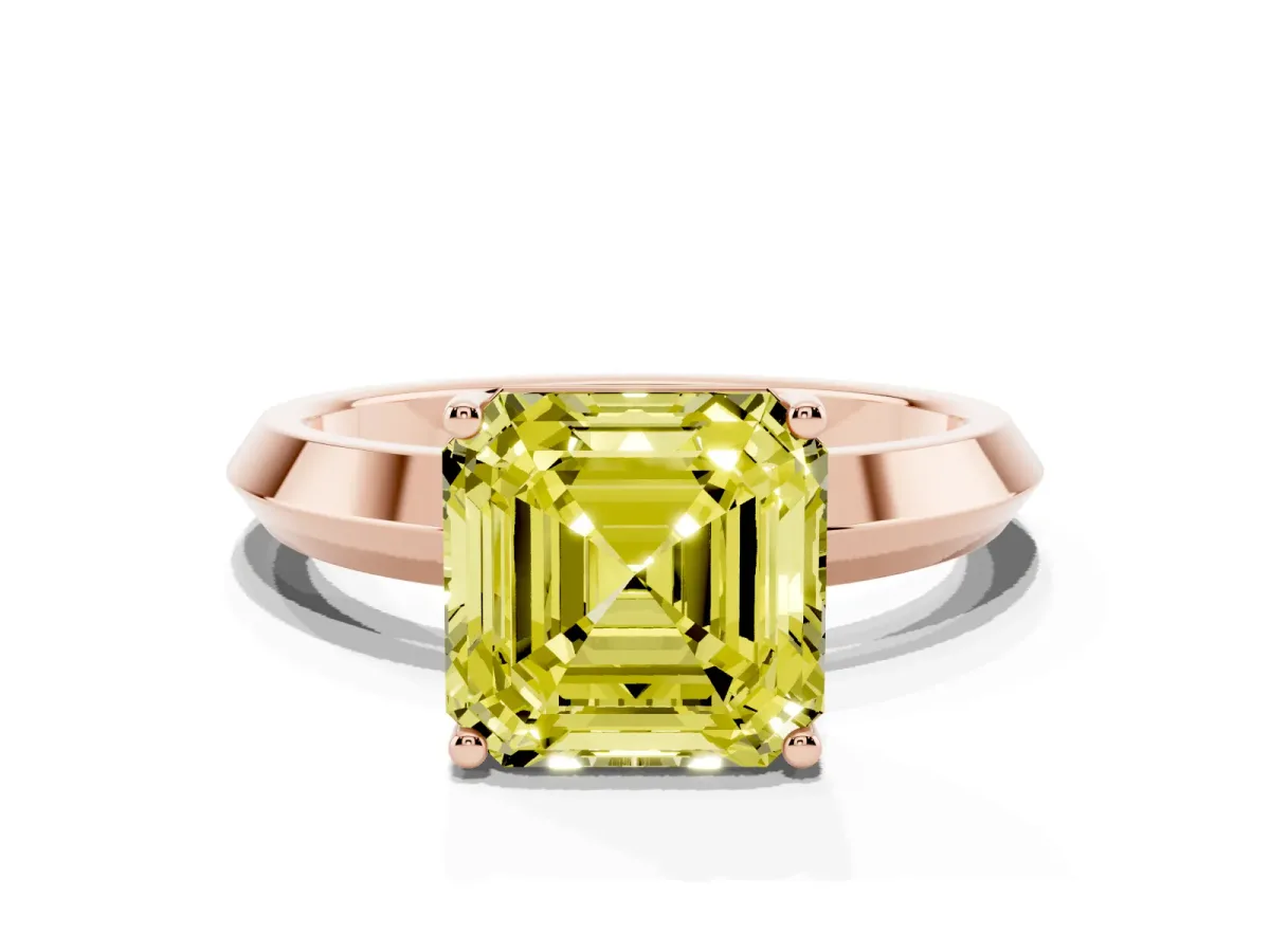 Fancy Yellow Asscher Cut Cut Solitaire Engagement Ring with Flat Band and Four-Prong Setting Rose gold