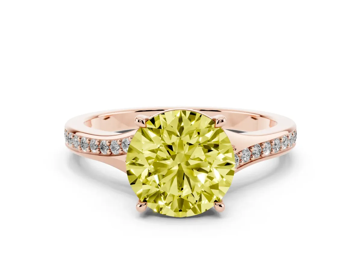 Fancy Yellow Round Cut Diamond Solitaire Ring with Pavé Band and Prong Setting Rose gold