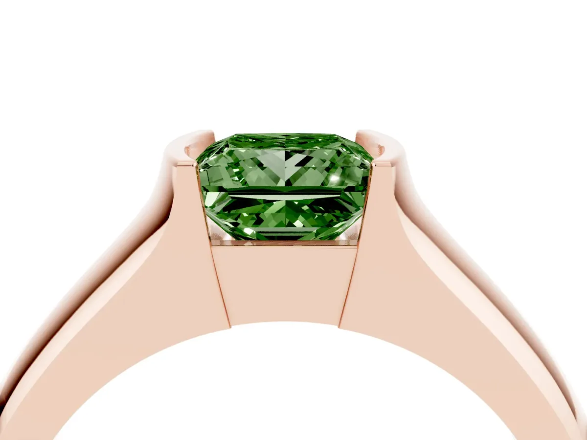 Fancy Green Princess Cut Solitaire Bezel Set Diamond Ring with Wide Band Rose gold