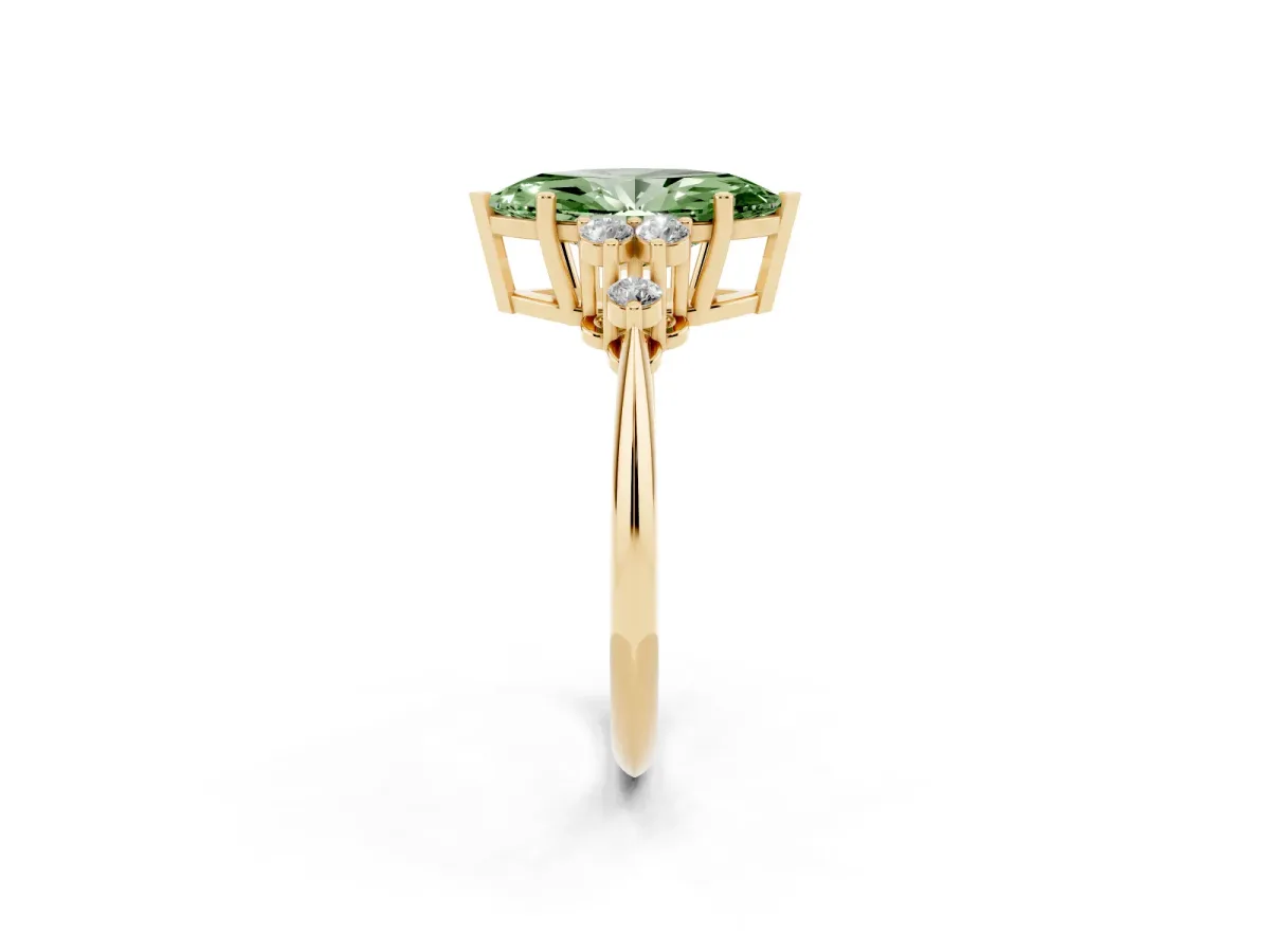 Fancy Green Marquise Cut Cut Diamond Cluster Ring with Solitaire Band and Four-Prong Setting Yellow gold