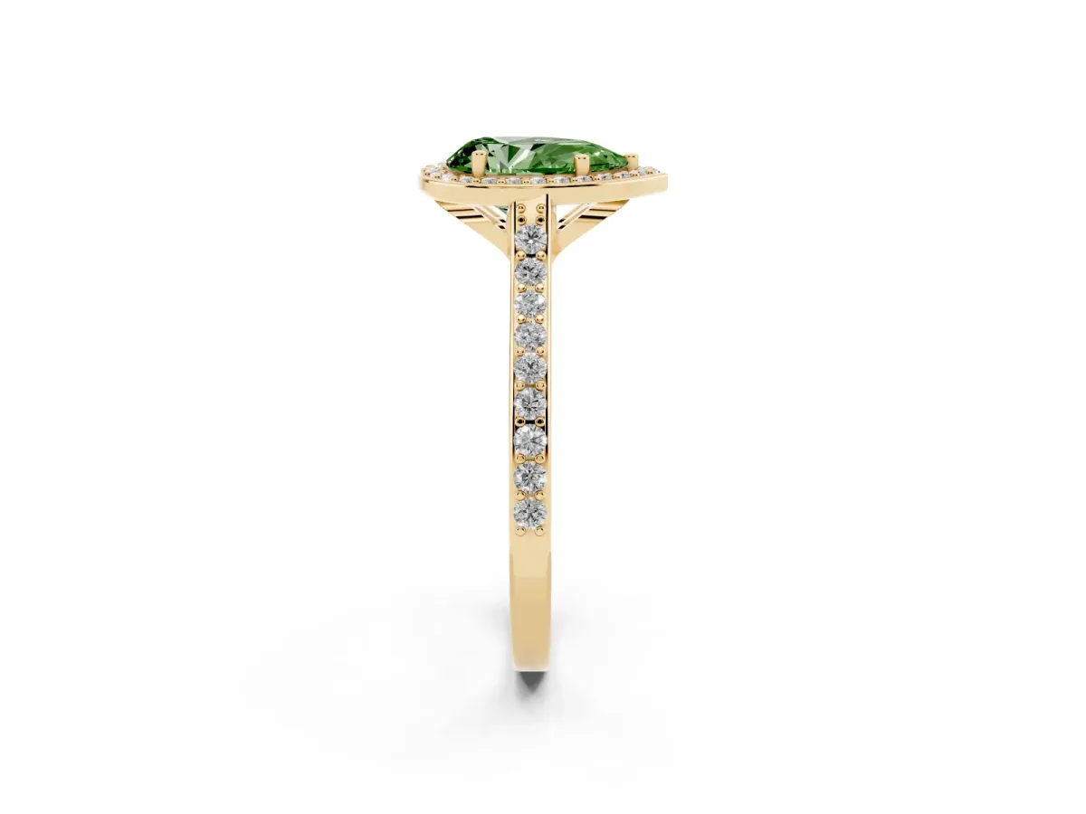 Fancy Green Pear Cut Diamond Halo Engagement Ring with Round Pavé Shoulders and Prong Setting Yellow gold