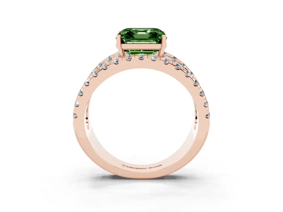 Fancy Green Asscher Cut Solitaire Split Shank Pave Diamond Ring Rose gold