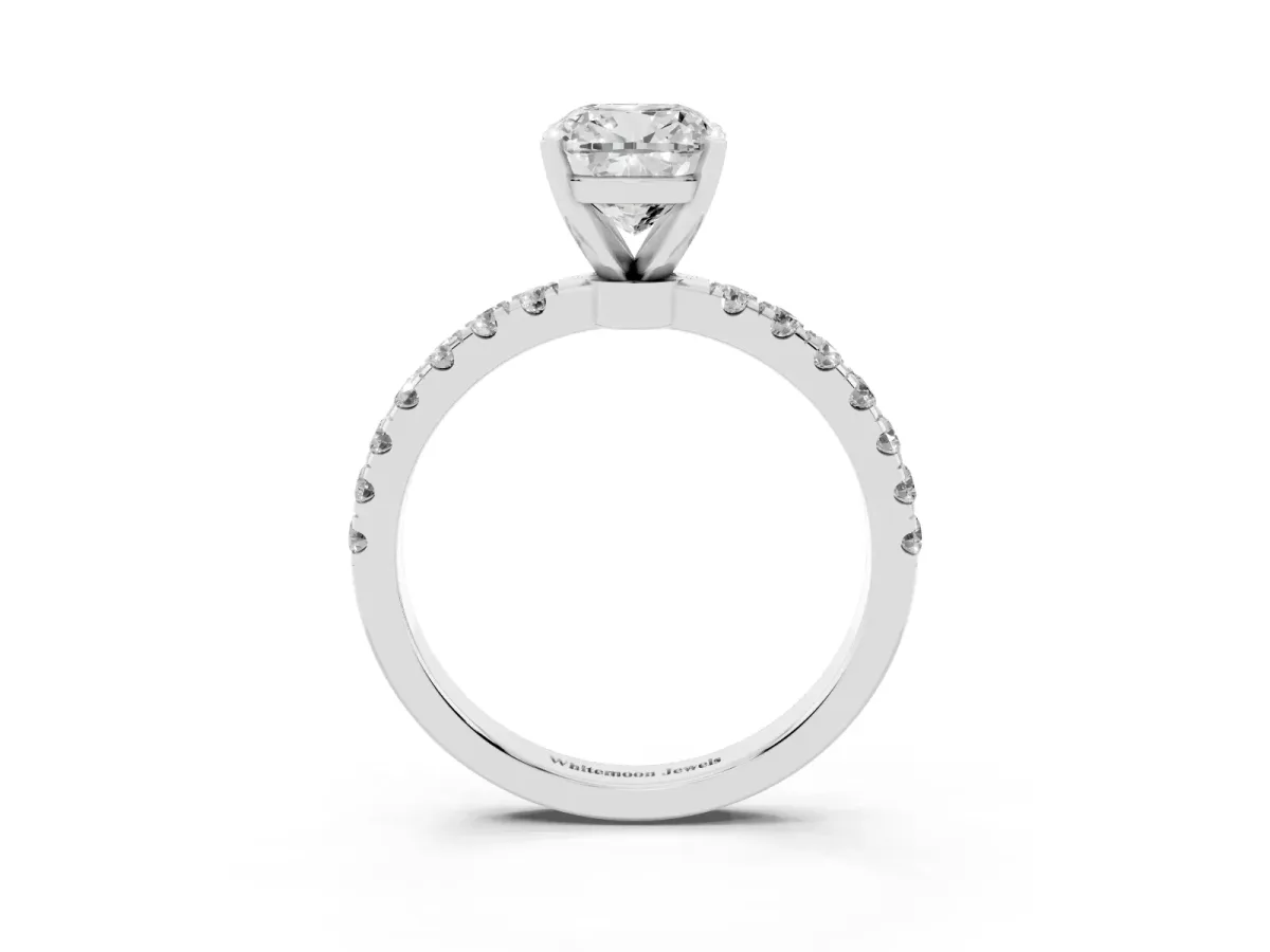 Cushion Cut Diamond Solitaire Ring with Pavé Accents and Four-Prong Setting White gold