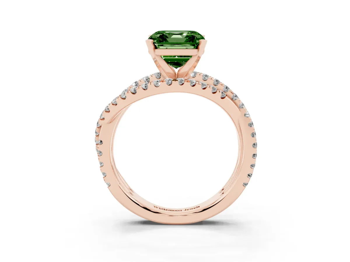 Fancy Green Asscher Cut Solitaire Twist Band with Pavé Setting and Four-Prong Setting Rose gold