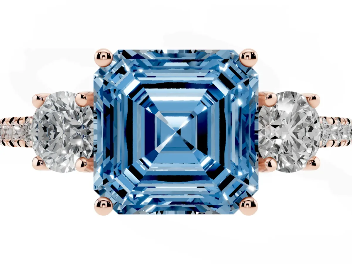 Fancy Blue Three-Stone Asscher Cut Cut Diamond Pavé Band with Prong Setting Rose gold
