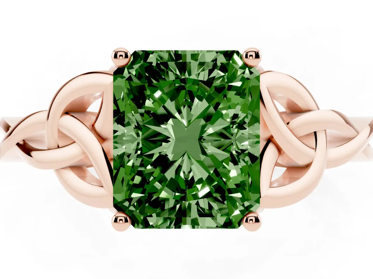 Fancy Green Radiant Cut Diamond Solitaire Engagement Ring with Celtic Knot Band and Four-Prong Setting Rose gold