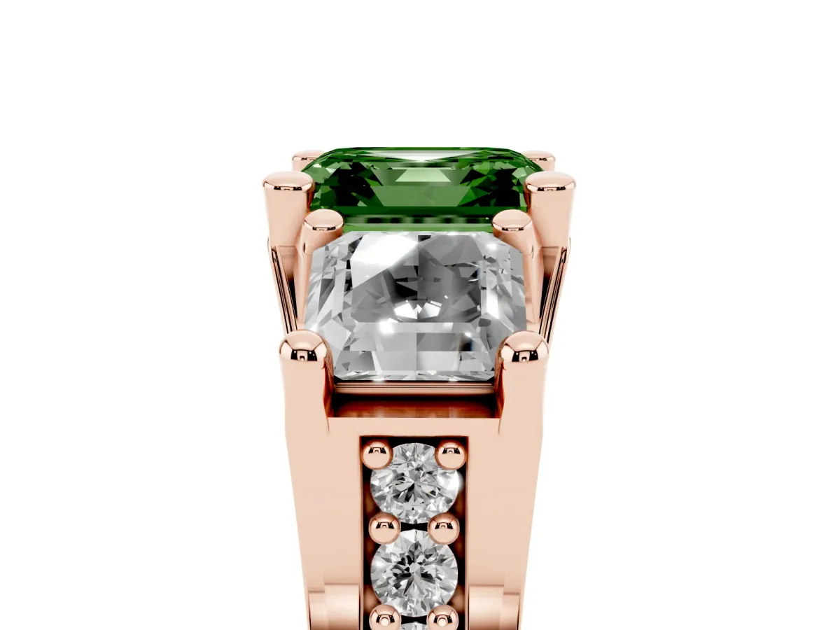 Fancy Green Asscher Cut Diamond Three-Stone Ring with Channel Set Band and Four-Prong Setting Rose gold