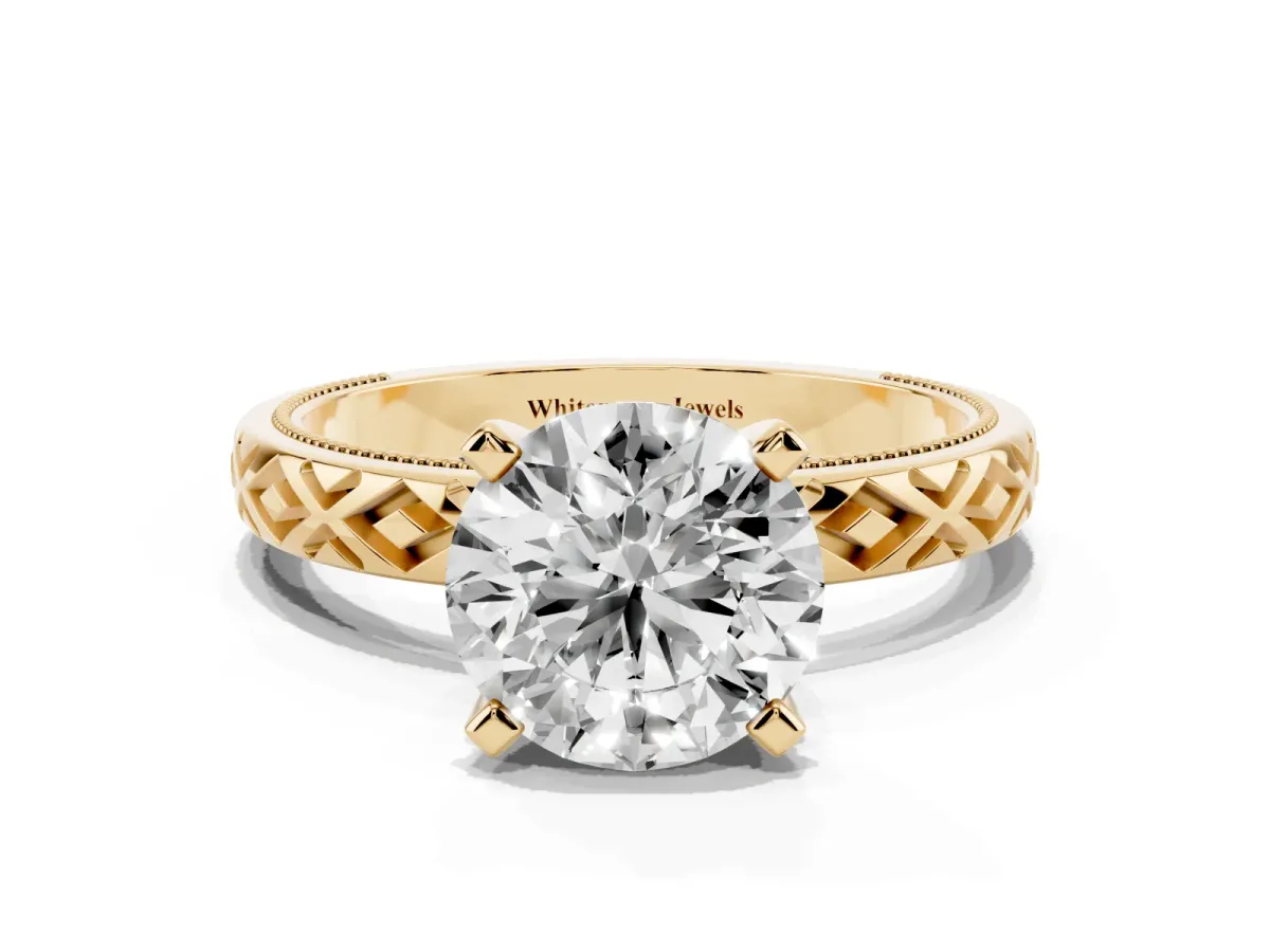 Round Cut Solitaire Diamond Ring with Milgrain and Black Enamel X Pattern Band Yellow gold