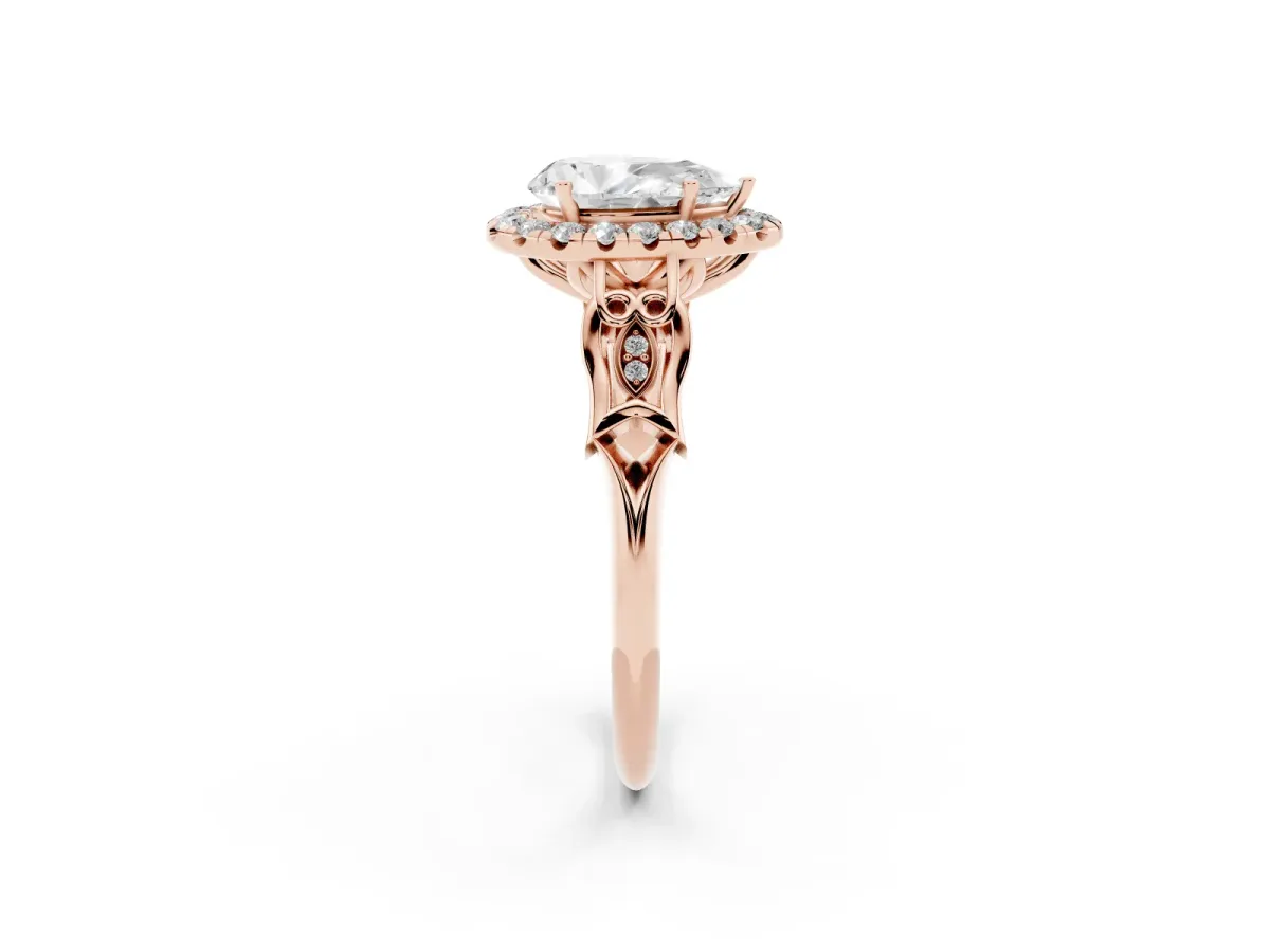 Pear Cut Halo Diamond Engagement Ring with Filigree Band and Four-Prong Setting Rose gold