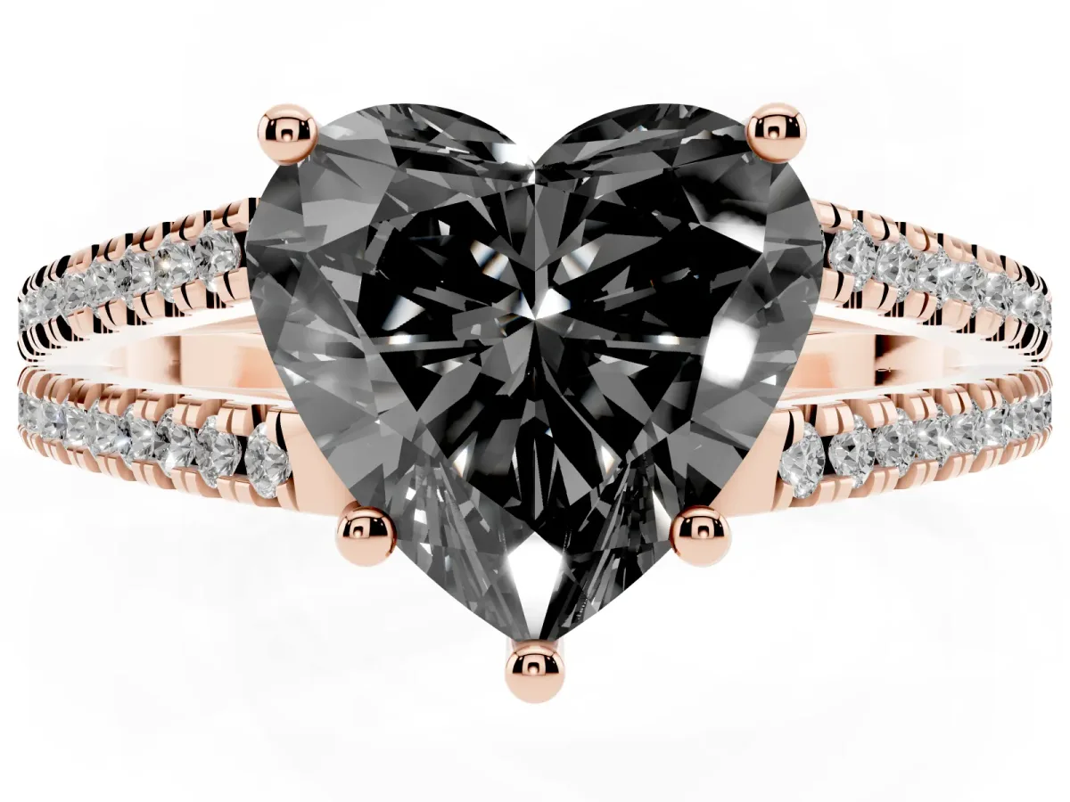 Fancy Black Heart Cut Diamond Solitaire Engagement Ring with Split Shank Pavé Band Rose gold
