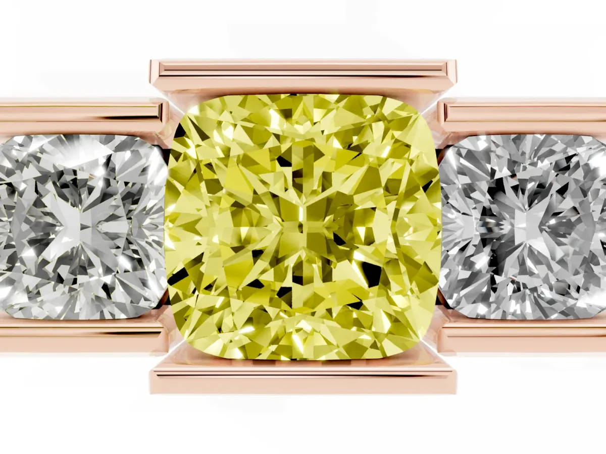 Fancy Yellow Three Stone Cushion Cut Cut Channel Set Diamond Ring Rose gold