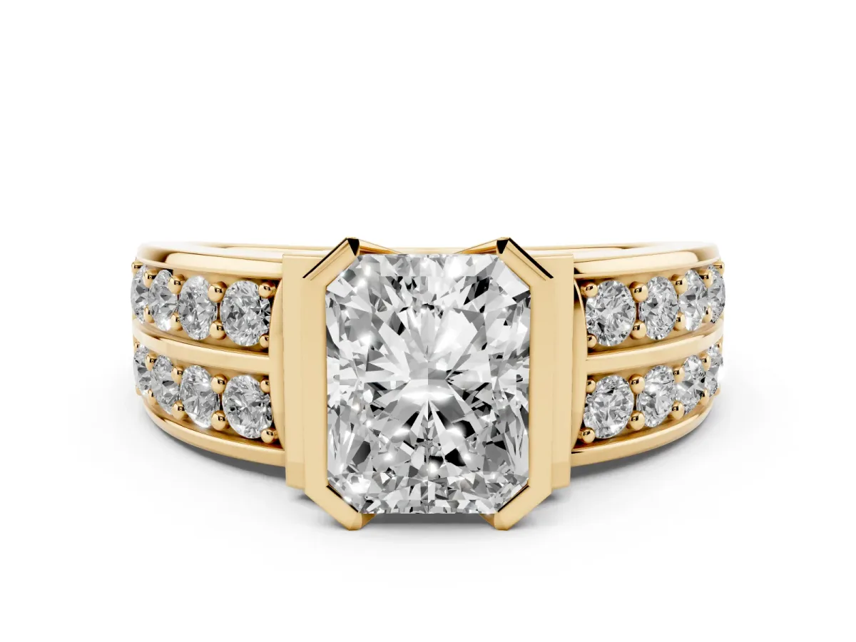 Radiant Cut Brilliant Diamond Channel Set Wide Band Ring with Bezel Setting Yellow gold