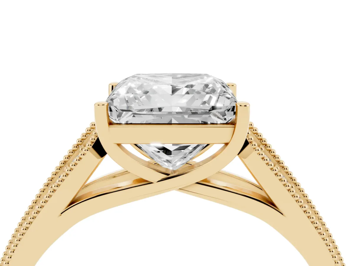 Princess Cut Cut Pave Split Shank Engagement Ring with Four-Prong Setting Yellow gold