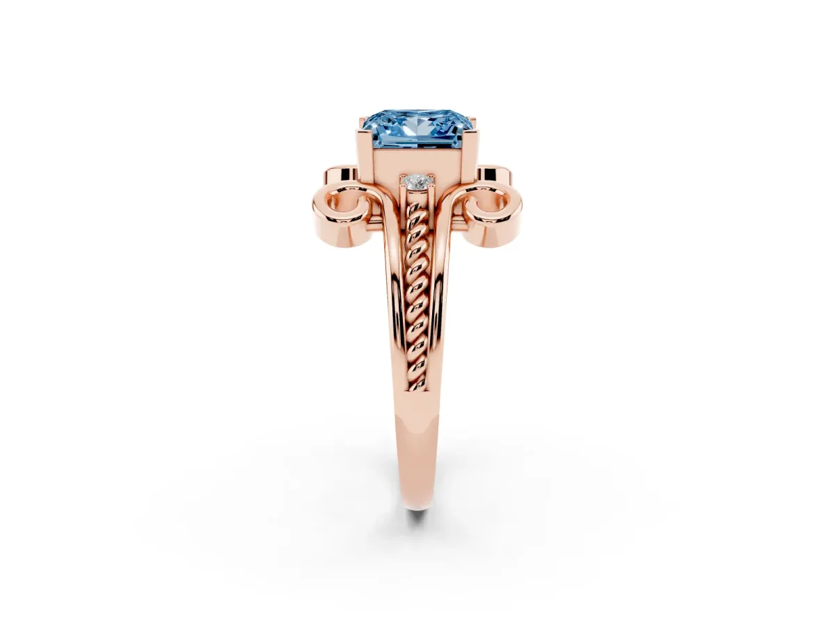 Fancy Blue Princess Cut Solitaire Twisted Band Scroll Prong Ring Rose gold