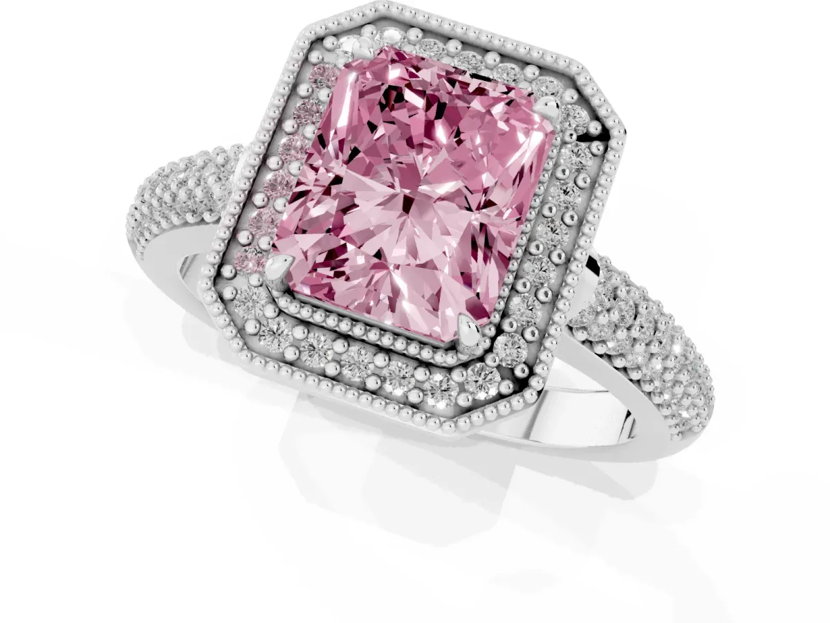 Fancy Pink Radiant Cut Cut Halo Diamond Pave Band with Four-Prong Setting Platinum