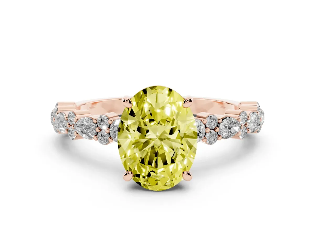 Fancy Yellow Oval Cut Diamond Side Stone Solitaire Ring with Round and Four-Prong Setting Rose gold