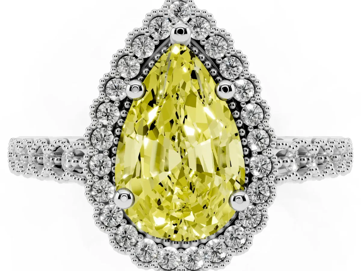 Fancy Yellow Pear Cut Cut Halo Pavé Solitaire Ring with Milgrain Band White gold